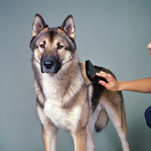 A thick-coated dog being brushed to strip out loose undercoat